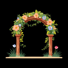 Decorative garden arch decorated with orange flowers and green leaves against a dark nature background illustration