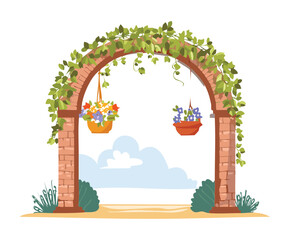 Scenic garden arch decorated with colorful flowers and hanging baskets in a peaceful nature landscape setting