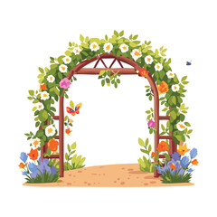 Elegant floral archway with white blossoms and green leaves leading to a sunny nature garden path