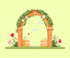 Beautiful garden arch decorated with pink flowers and green climbing plants in a bright nature park