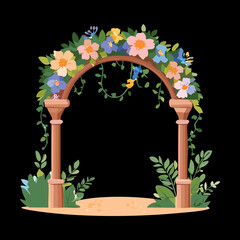 Decorative garden archway with yellow flowers and green vines against a dark nature background illustration