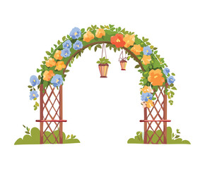 Beautiful garden archway with white flowers and green foliage overlooking a sunny nature landscape background