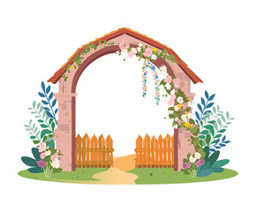 Classic garden arch decorated with pink flowers and green vines leading to a peaceful nature park