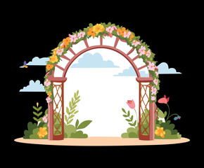 Charming floral archway with colorful blossoms and green leaves against a dark nature background for garden
