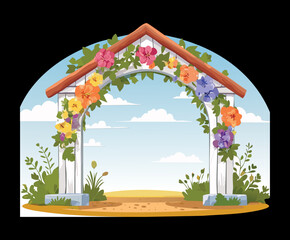 Rustic wooden garden arch with a floral roof decorated with purple and orange flowers in nature
