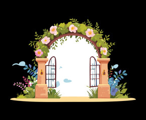 Decorative garden arch decorated with vibrant flowers and green leaves against a dark nature background illustration