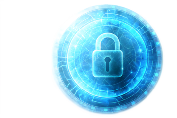 Blue padlock with digital circuit pattern isolated on a transparent background security