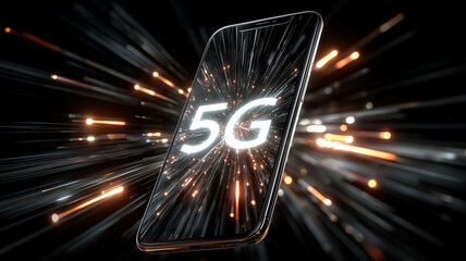 A smartphone surrounded by radiant streaks featuring the 5G symbol to illustrate ultra fast connectivity and advanced mobile performance.
