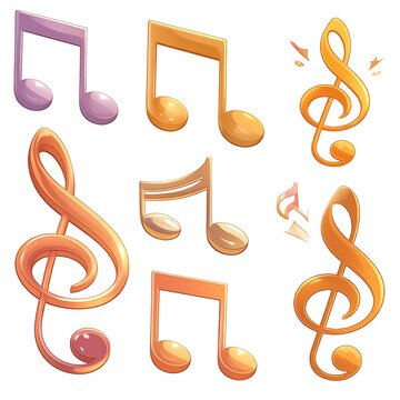 Cartoonish, shiny musical notes in various golden and lavender hues are displayed on a white background