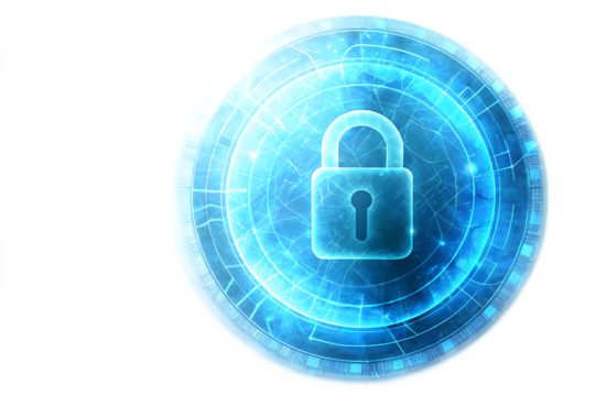 Blue padlock with digital circuit pattern isolated on a transparent background security - Powered by Adobe