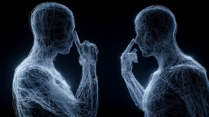 Two wireframe human figures touching their faces in a digital interaction concept illustrating connection and reflective communication.
