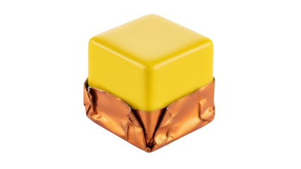 Yellow bouillon cube in golden foil isolated PNG, concentrated broth seasoning for cooking and flavoring soups on transparent background