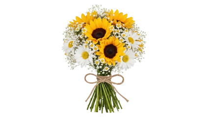Cheerful bouquet of sunflowers and daisies isolated PNG, bright floral arrangement for celebrations and special occasions