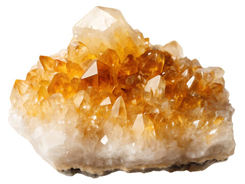 Cluster of yellow citrine crystal points isolated on a transparent background gemstone