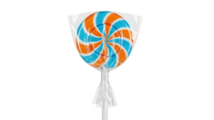 Swirl lollipop PNG isolated on transparent background, blue and orange candy with spiral pattern for confectionery and sweet treat designs