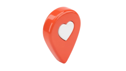 Orange map pointer with heart isolated PNG, location pin for dating app or social media check-in on transparent background