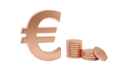 Copper euro symbol and coins isolated PNG, currency and finance concept for business and investment themes on transparent background