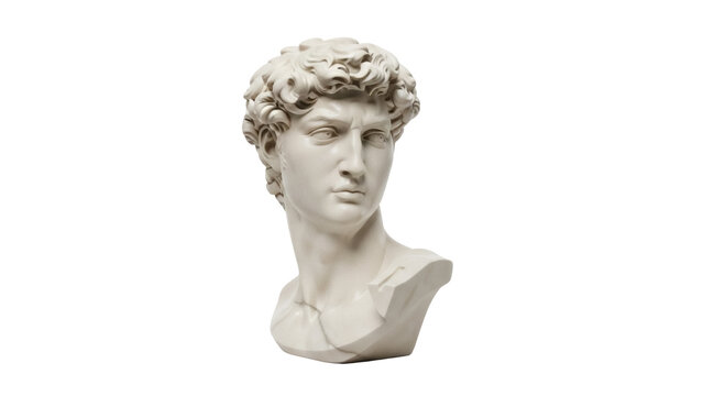 David bust isolated PNG on transparent background, Renaissance sculpture of a male head with curly hair, classical art for design and educational use