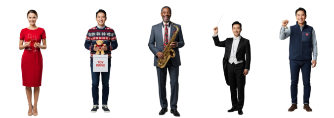 Smiling diverse professionals celebrating holidays, isolated on transparent background. Perfect for festive campaigns, corporate events, charity drives, and seasonal promotions.