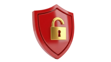 Red shield with golden padlock isolated PNG, security and protection concept for digital safety and data privacy on transparent background