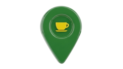 Green location pin with coffee cup isolated PNG, cafe locator icon for maps and travel apps on transparent background