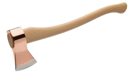 Shiny copper axe PNG isolated on transparent background, camping and forestry tool for cutting wood and outdoor adventure