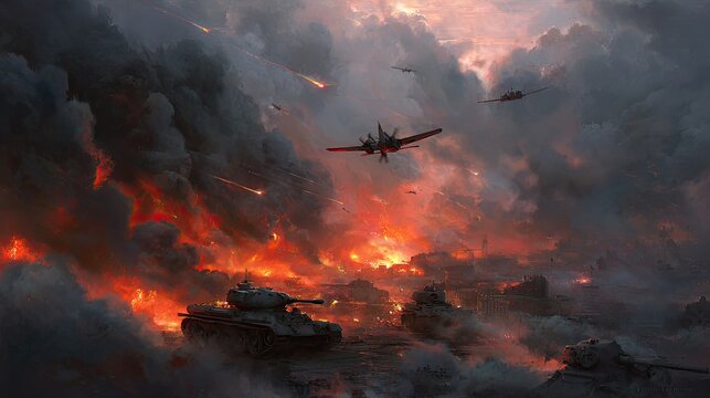 Intense aerial combat and ground warfare scene with tanks, planes, explosions, and smoke during a dramatic fiery sky.