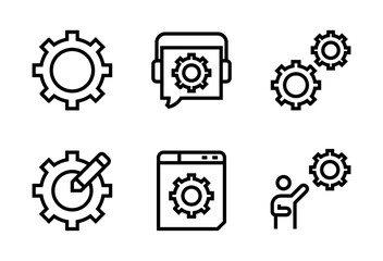 Pack de iconos de configuración. Engranaje básico, soporte técnico, engranajes múltiples, edición de sistema, ajustes web y control de procesos. Diseño vectorial lineal
