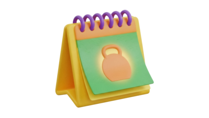 Yellow calendar with kettlebell isolated PNG, fitness schedule for gym workout and healthy lifestyle planning on transparent background