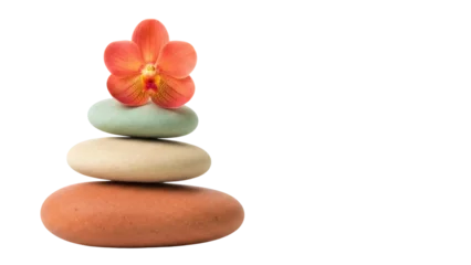 Fotobehang Orchidee Zen stones with orange orchid isolated PNG, stacked pebbles for spa and wellness concept on transparent background  © Andrej