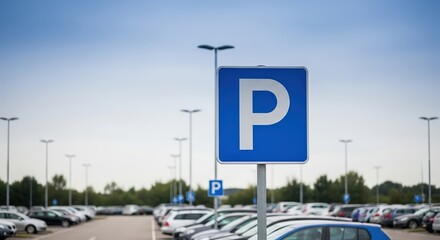 Blue parking sign stands prominently in a busy lot filled with parked vehicles, showcasing organized space for drivers and emphasizing traffic management concepts