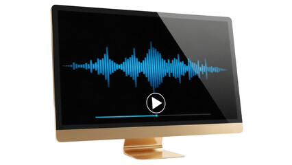 Modern gold computer monitor with audio waveform isolated PNG, multimedia playback device for music production and sound design projects