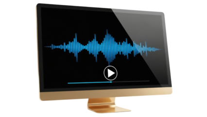 Modern gold computer monitor with audio waveform isolated PNG, multimedia playback device for music production and sound design projects
