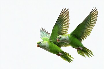 Two Green Parakeets in Mid-Flight Against a White Background, Showcasing Detailed Plumage and Wings Extended