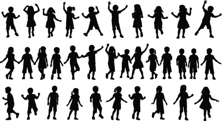 Children dancing silhouettes set isolated on white background, playful kids jumping, joyful movement, childhood energy, fun activity, lifestyle, illustration