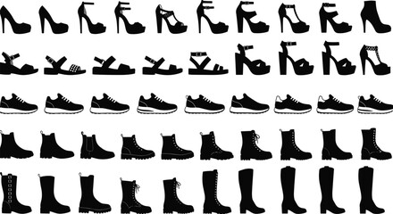 Footwear silhouettes collection featuring high heels sandals sneakers boots fashion icons black white vector illustration set, modern, design, style, catalog
