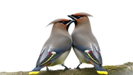 Waxwing Whisper: two sleek songbirds face each other on a mossy perch, silky crests, masked eyes, and flashes of yellow and red turning their quiet closeness into a scene of elegant affection

