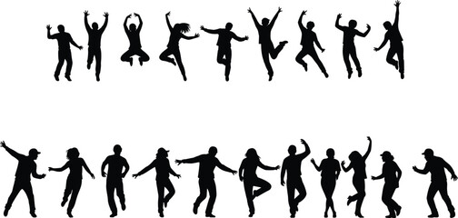 Happy dancing people silhouettes jumping celebrating energy isolated on white background group movement joy freedom lifestyle concept fun action party
