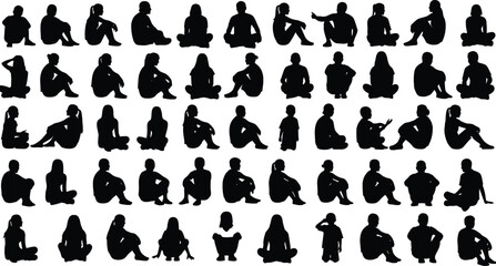 People sitting silhouettes collection seated poses adults children isolated on white background human postures lifestyle illustration set