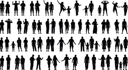 People silhouettes set standing walking family adults children isolated on white background human poses diversity lifestyle crowd illustration