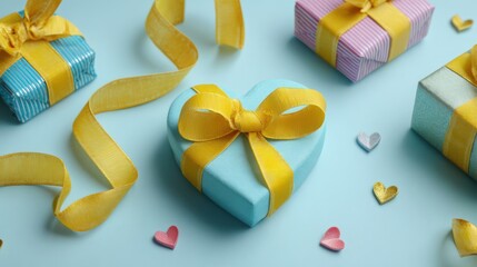 Heart ribbon and brightly wrapped gifts with yellow ribbons and festive decor on a light blue background, ideal for love and holiday themes