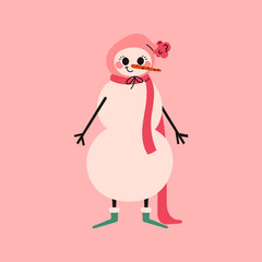 Cheerful pink Christmas snowman wearing a warm hat, green boots and a long scarf. Holiday season. Vector illustration.