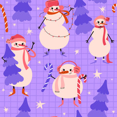 Cheerful pink Christmas snowmen with a Christmas tree, candy cane and stars. Seamless pattern. Holiday season. Vector illustration on a purple checkered background.