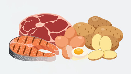 Cartoon vector illustration of fresh food and vegetables served on a plate isolated on white background