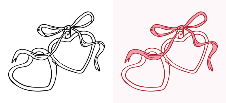 Elegant heart locket set with ribbon bows in hand drawn doodle style. Romantic vector illustration featuring black and pink outline heart jewelry for wedding and greeting design.