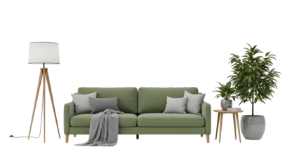 Modern living room furniture with green sofa and potted plant