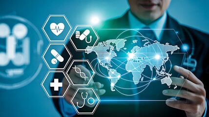 Digital healthcare technology concept with global medical network, telemedicine icons, data interface and doctor using futuristic virtual screen