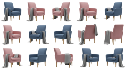 Collection of pink and blue armchairs with throw blankets in various arrangements
