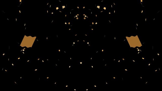 Colorful fireworks confetti explodes on white background, animation of the explosion and fall of confetti. confetti bomb effect from the inside glitter background with gold slowly falling in 4k video