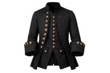 Elegant pirate coat, black color, gold buttons with transparent background